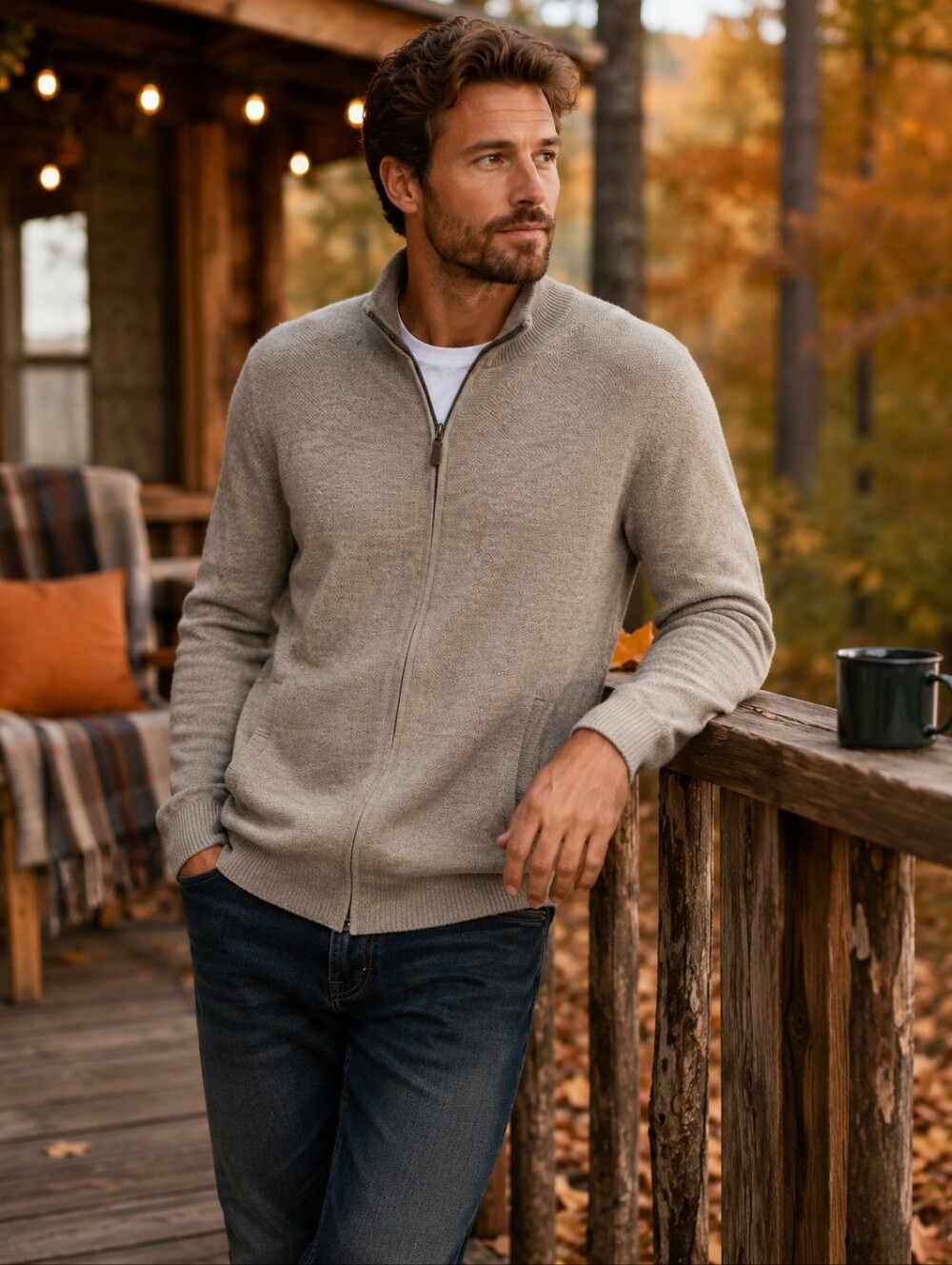 Joseph Abboud 100% Extra Fine Merino Wool Full Zip Sweater Gray Size M